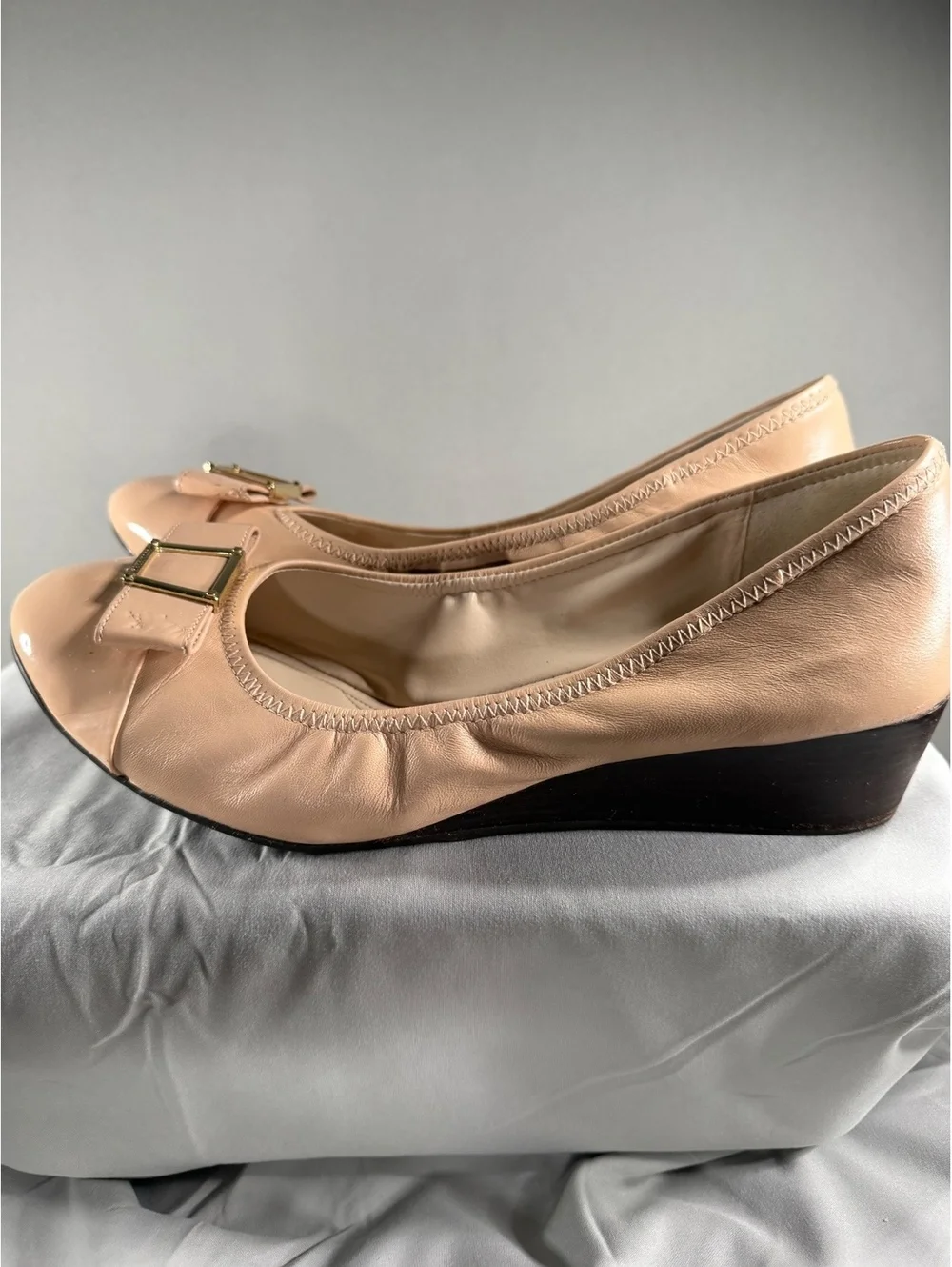 Cole Haan Beige Leather Wedge Heels with Bow Detail